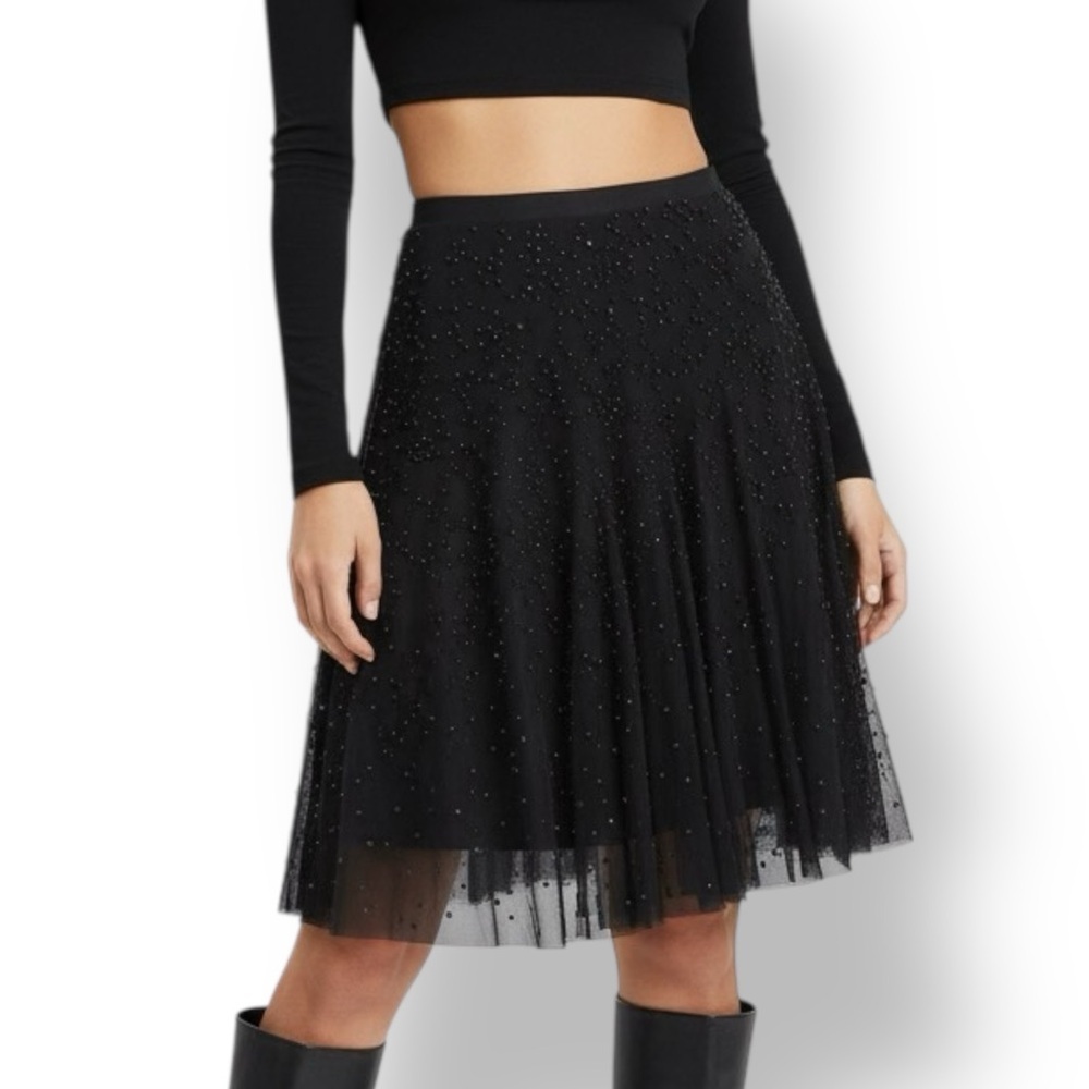 Le Château Black Tulle Beaded Midi Skirt Size S